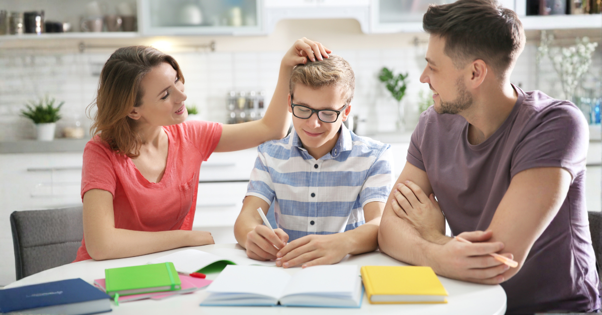 Co-parents supporting their child during a calm family discussion at home.